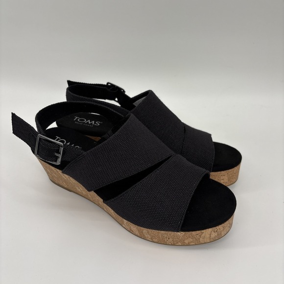Toms Shoes - Tom's Claudine‎ Wedge Sandals Women's 7.5 Black Cork Heel Buckle Sustainable